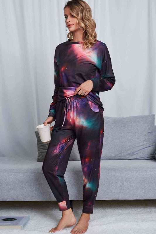 Tie-Dye Crewneck Top and Drawstring Waist Joggers Lounge Set Shop One Place