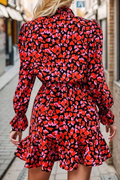 Heart Printed Mock Neck Flounce Sleeve Dress Shop One Place