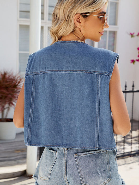 Pocketed Button Up Sleeveless Denim Jacket Shop One Place