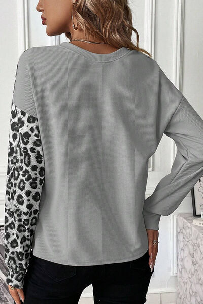 Leopard Color Block Round Neck T-Shirt Shop One Place