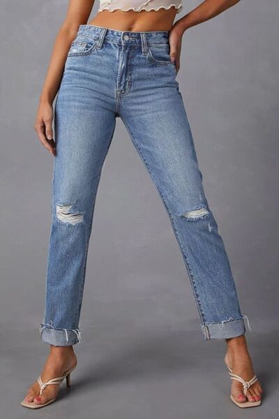 Distressed Raw Hem Straight Jeans with Pockets Shop One Place