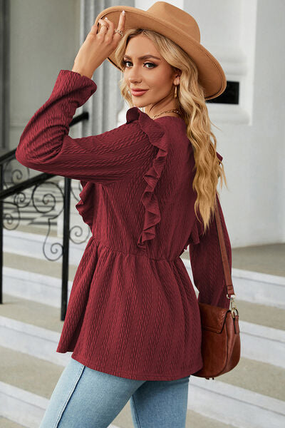 Ruffled Round Neck Balloon Sleeve Blouse Shop One Place