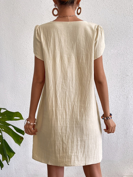 Decorative Button Asymmetrical Neck Short Sleeve Dress Shop One Place