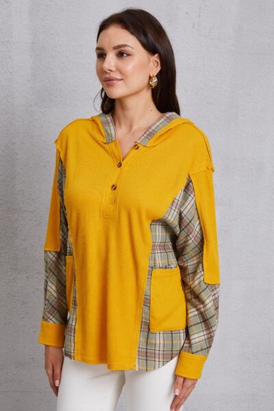 Plaid Waffle-Knit Half Button Hoodie Shop One Place