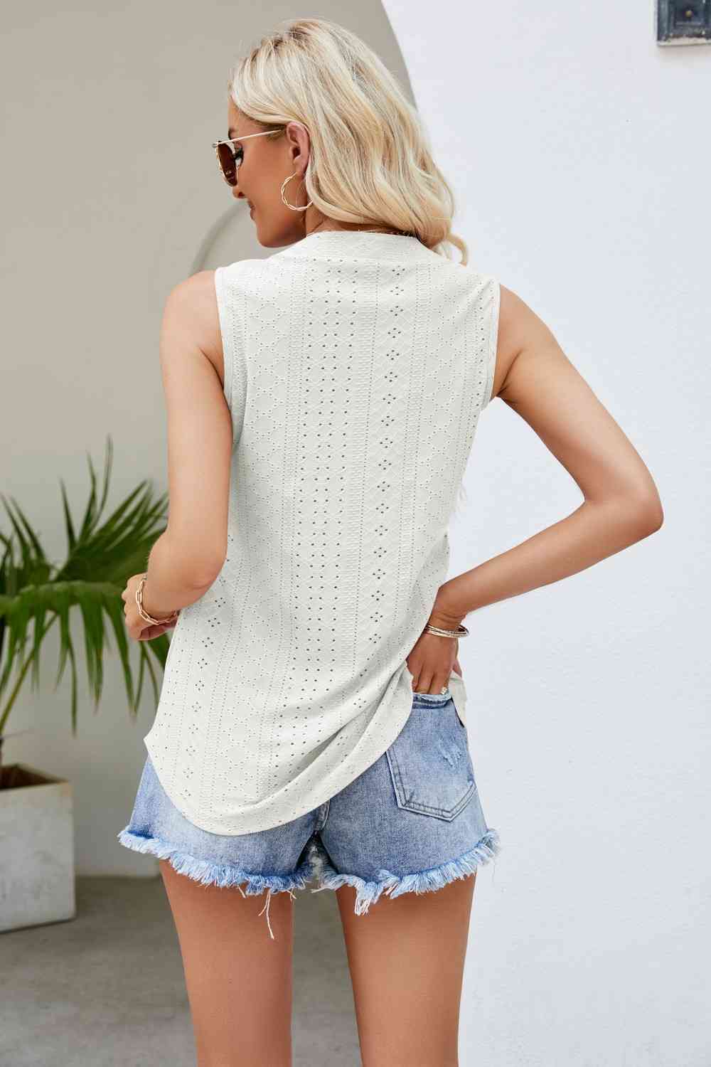 Notched Neck Curved Hem Eyelet Tank Shop One Place