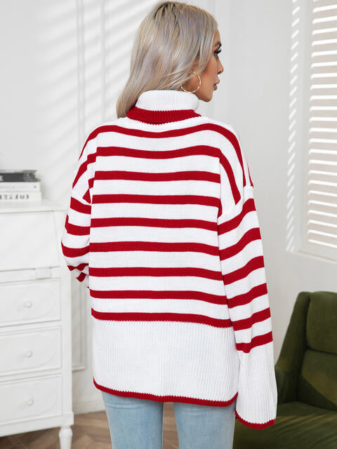 Striped Slit Turtleneck Drop Shoulder Sweater Shop One Place