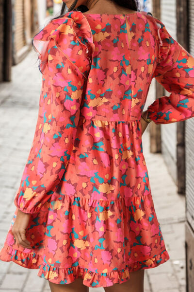 Printed Ruffle Trim Balloon Sleeve Tiered Dress Shop One Place