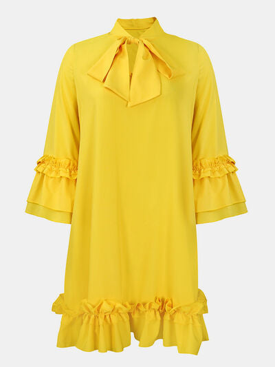 Frill Tie Neck Three-Quarter Sleeve Dress Shop One Place