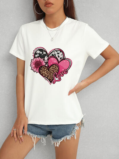 Heart Round Neck Short Sleeve T-Shirt Shop One Place