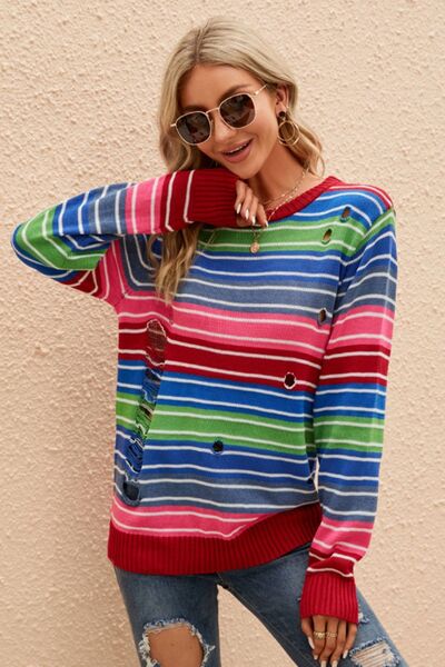 Striped Distressed Cutout Round Neck Sweater Shop One Place