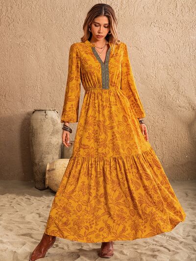 Printed Notched Balloon Sleeve Dress Shop One Place