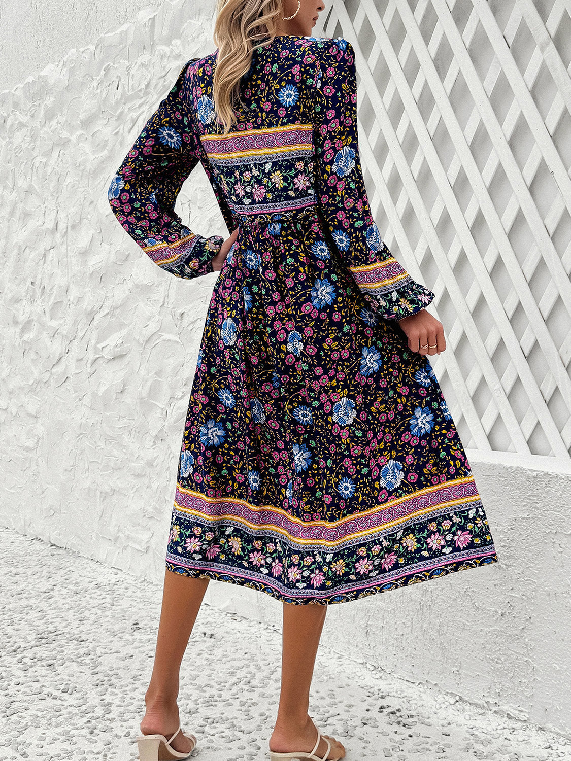 Tassel Tied Printed Long Sleeve Dress Shop One Place