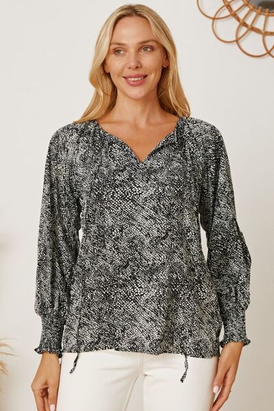 Printed Tie Neck Lantern Sleeve Blouse Shop One Place