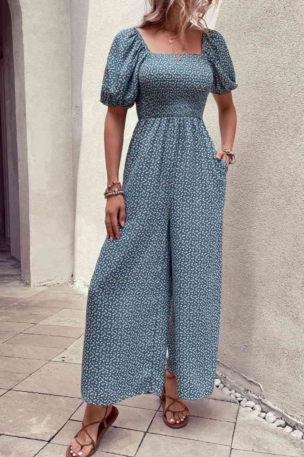Printed Square Neck Jumpsuit with Pockets Shop One Place