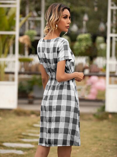 Smocked Plaid Round Neck Short Sleeve Dress Shop One Place