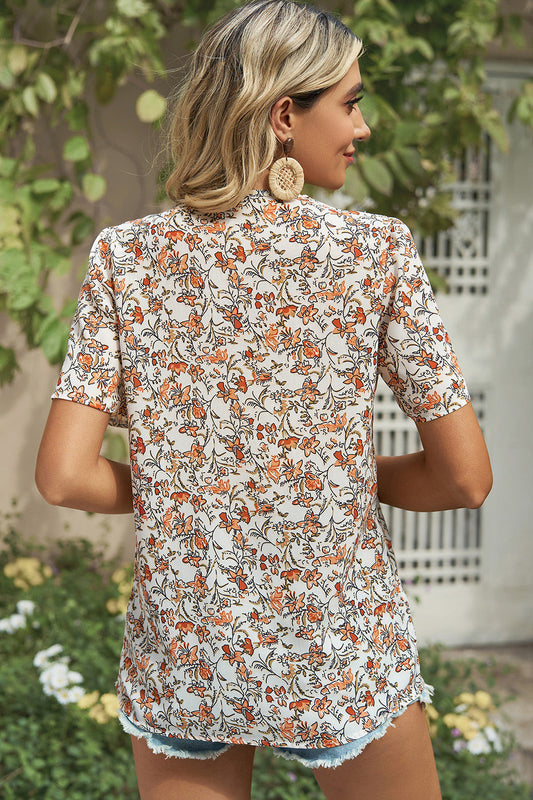 Floral V-Neck Short Sleeve T-Shirt Shop One Place