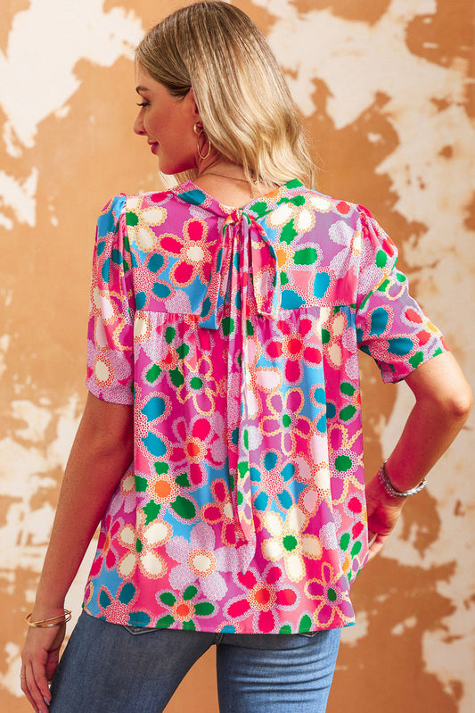 Tied Printed Round Neck Half Sleeve Blouse Shop One Place