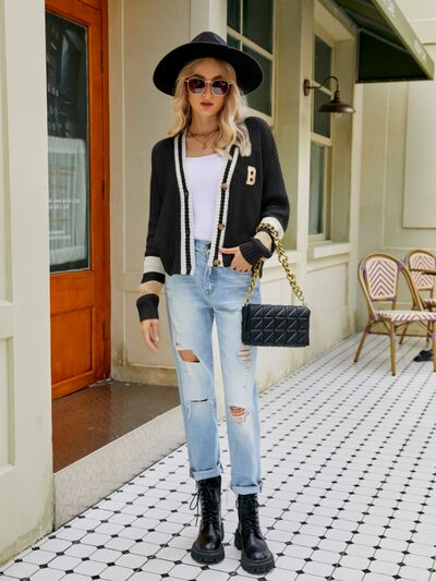 Contrast Button Up Dropped Shoulder Cardigan Shop One Place