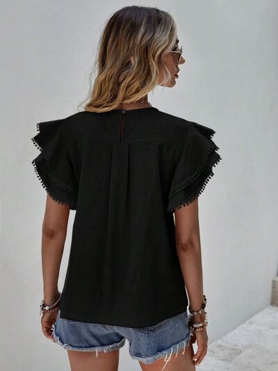 Ruffled Cap Sleeve Round Neck Blouse Shop One Place