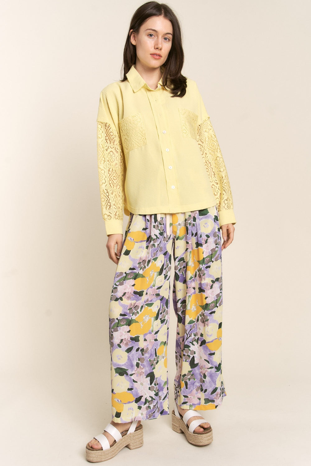 J.NNA Button Down Lace Long Sleeve Waffle Shirt Shop One Place