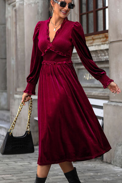 Smocked Lantern Sleeve Midi Dress Shop One Place