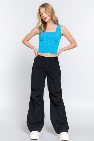 ACTIVE BASIC Pearl Detail Square Neck Cropped Tank Shop One Place