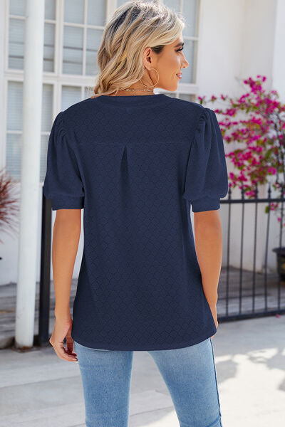 Eyelet Notched Puff Sleeve T-Shirt Shop One Place
