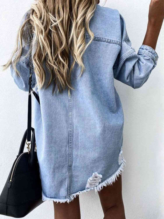 Raw Hem Collared Neck Long Sleeve Denim Jacket Shop One Place