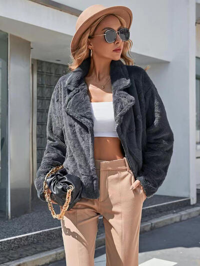 Plush Open Front Dropped Shoulder Jacket Shop One Place