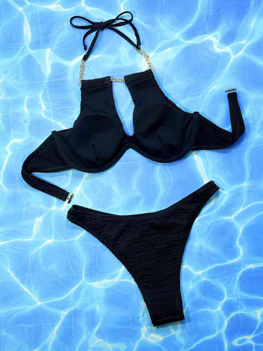 Halter Neck Chain Detail Two-Piece Bikini Set Shop One Place