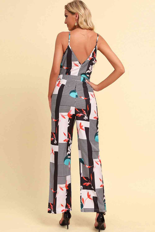 Printed Spaghetti Strap Tied Jumpsuit Shop One Place
