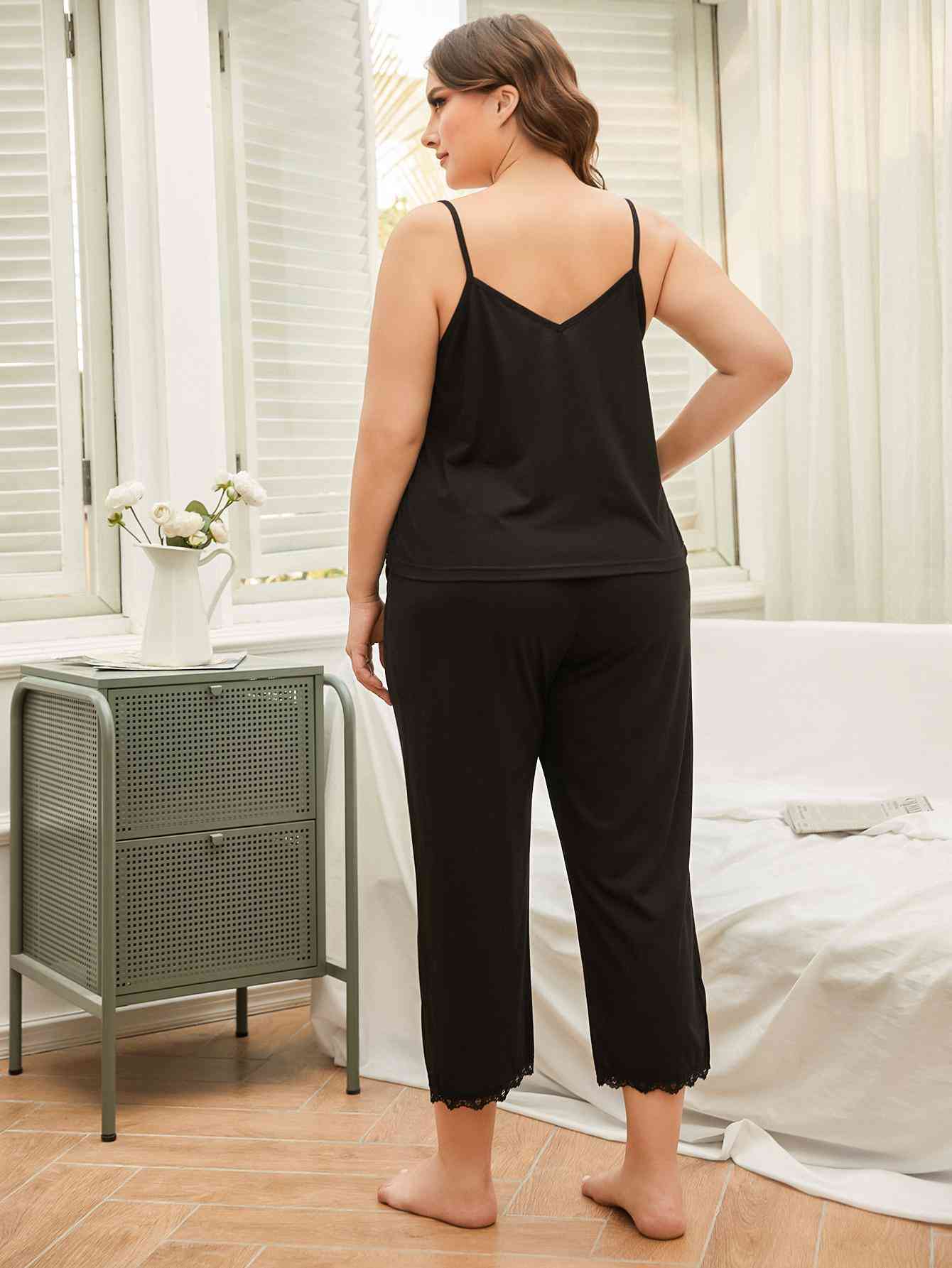 Plus Size Lace Trim Slit Cami and Pants Pajama Set Shop One Place