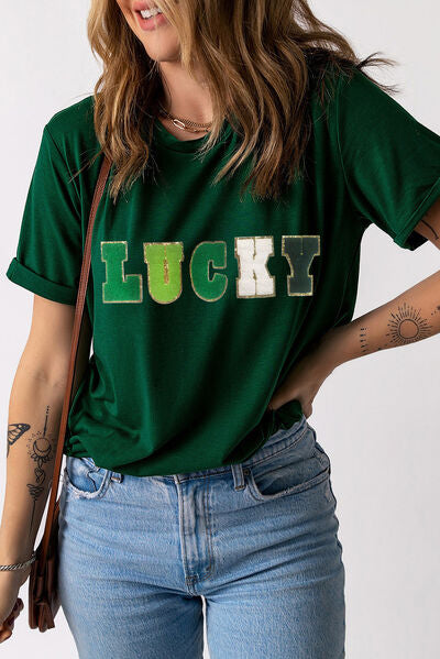 LUCKY Round Neck Short Sleeve T-Shirt Shop One Place