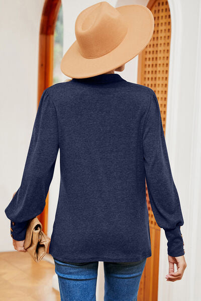 Decorative Button Johnny Collar Lantern Sleeve Blouse Shop One Place