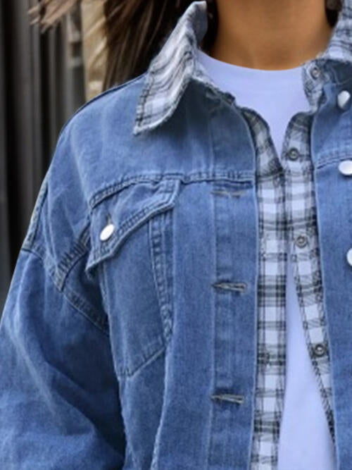 Plus Size Plaid Collared Neck Raw Hem Denim Jacket Shop One Place