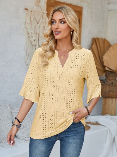 Eyelet Notched Half Sleeve T-Shirt Shop One Place