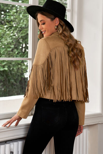Fringe Trim Lapel Collar Cropped Blazer Shop One Place