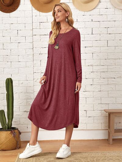 Pocketed Round Neck Long Sleeve Tee Dress Shop One Place