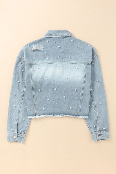 Distressed Pearl Trim Button Up Denim Jacket Shop One Place