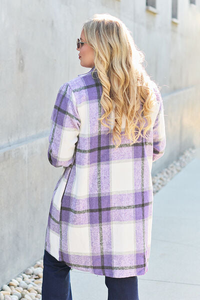 Double Take Full Size Plaid Button Up Lapel Collar Coat Shop One Place