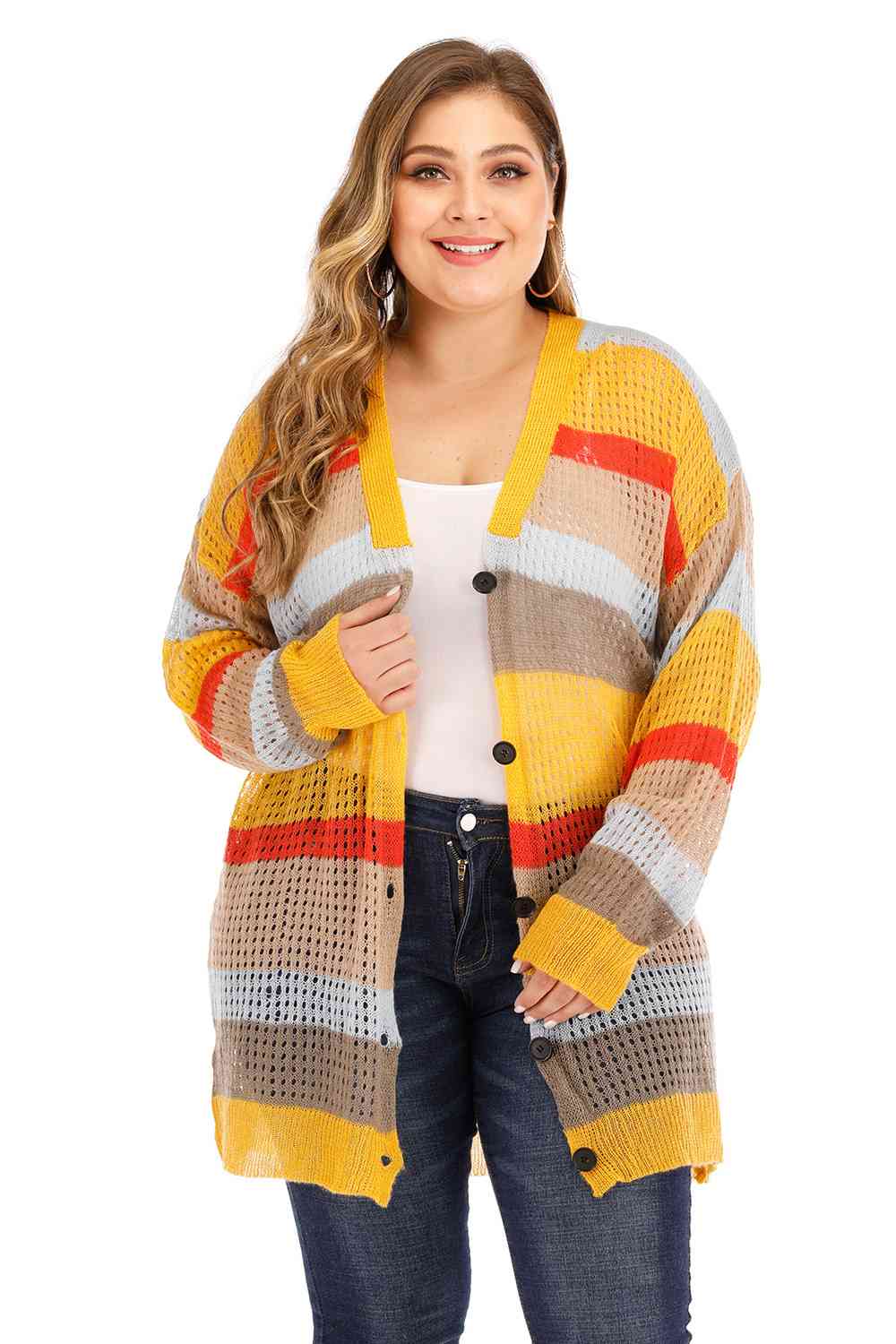 Plus Openwork Color Block Button Up Cardigan Shop One Place