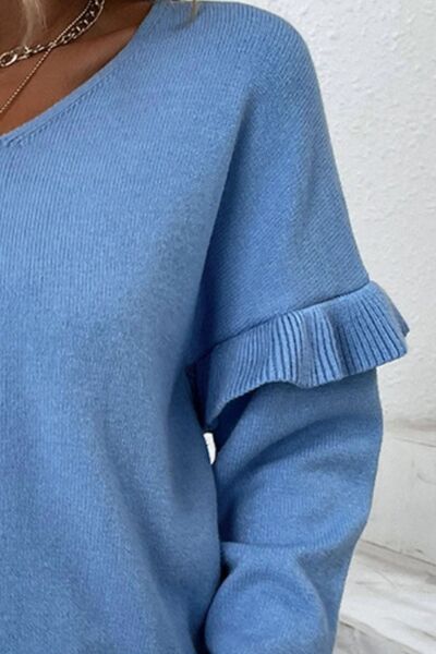 V-Neck Ruffle Trim Long Sleeve Sweater Shop One Place
