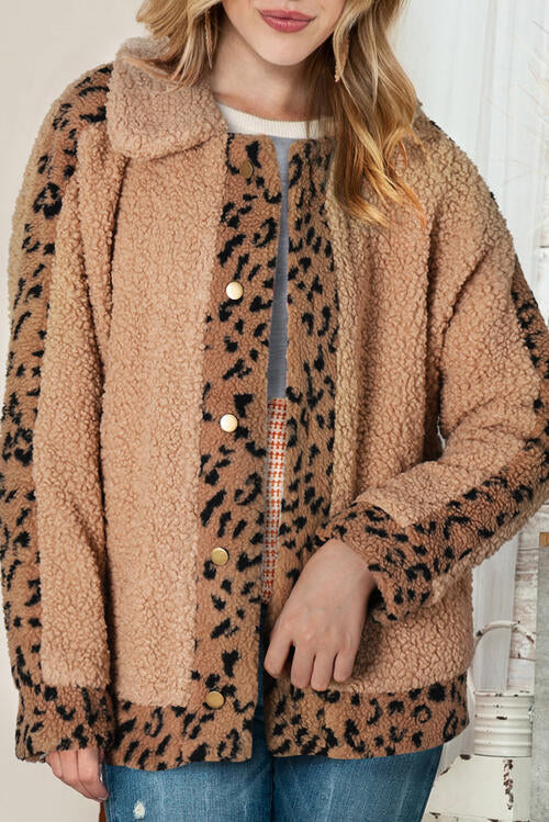Leopard Snap Down Collared Neck Jacket Shop One Place