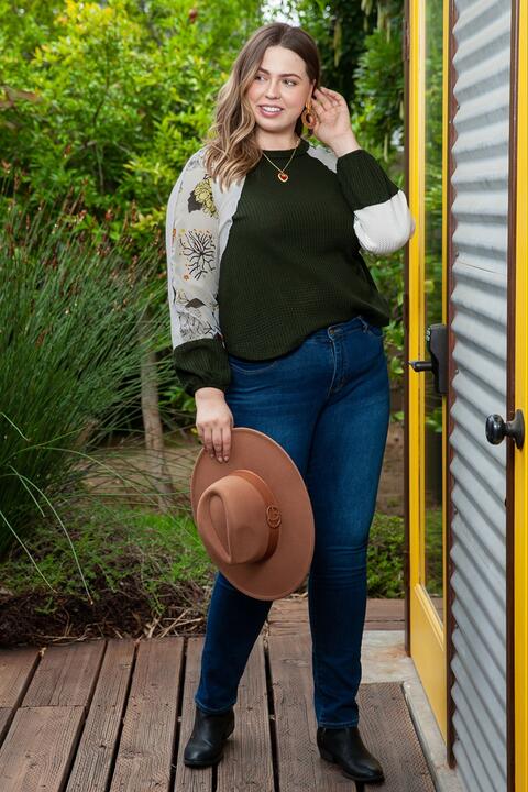 Plus Size Floral Waffle-Knit Round Neck Blouse Shop One Place