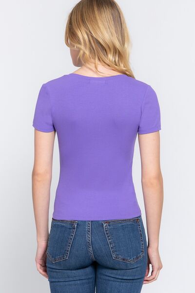 ACTIVE BASIC V-Neck Ribbed Short Sleeve Knit T-Shirt Shop One Place