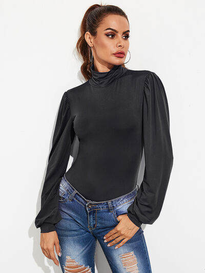 Backless Tie-Waist Turtleneck Lantern Sleeve Bodysuit Shop One Place