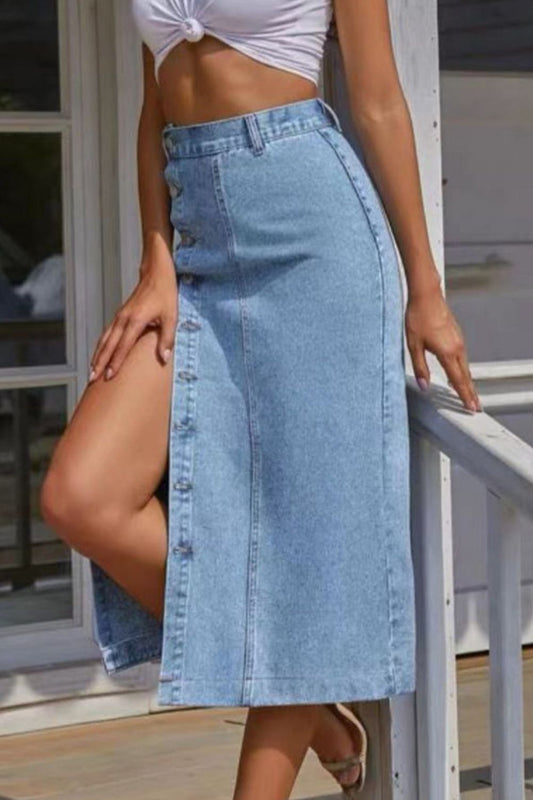 Buttoned Split Denim Skirt Shop One Place