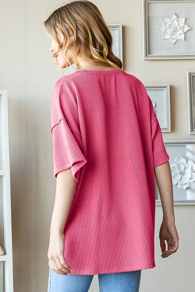 Heimish Full Size Ribbed Half Button Drop Shoulder Top Shop One Place
