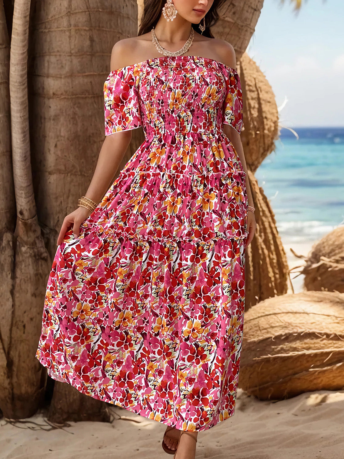 Slit Floral Off-Shoulder Short Sleeve Dress Shop One Place