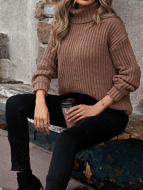 Turtleneck Dropped Shoulder Pullover Sweater Shop One Place